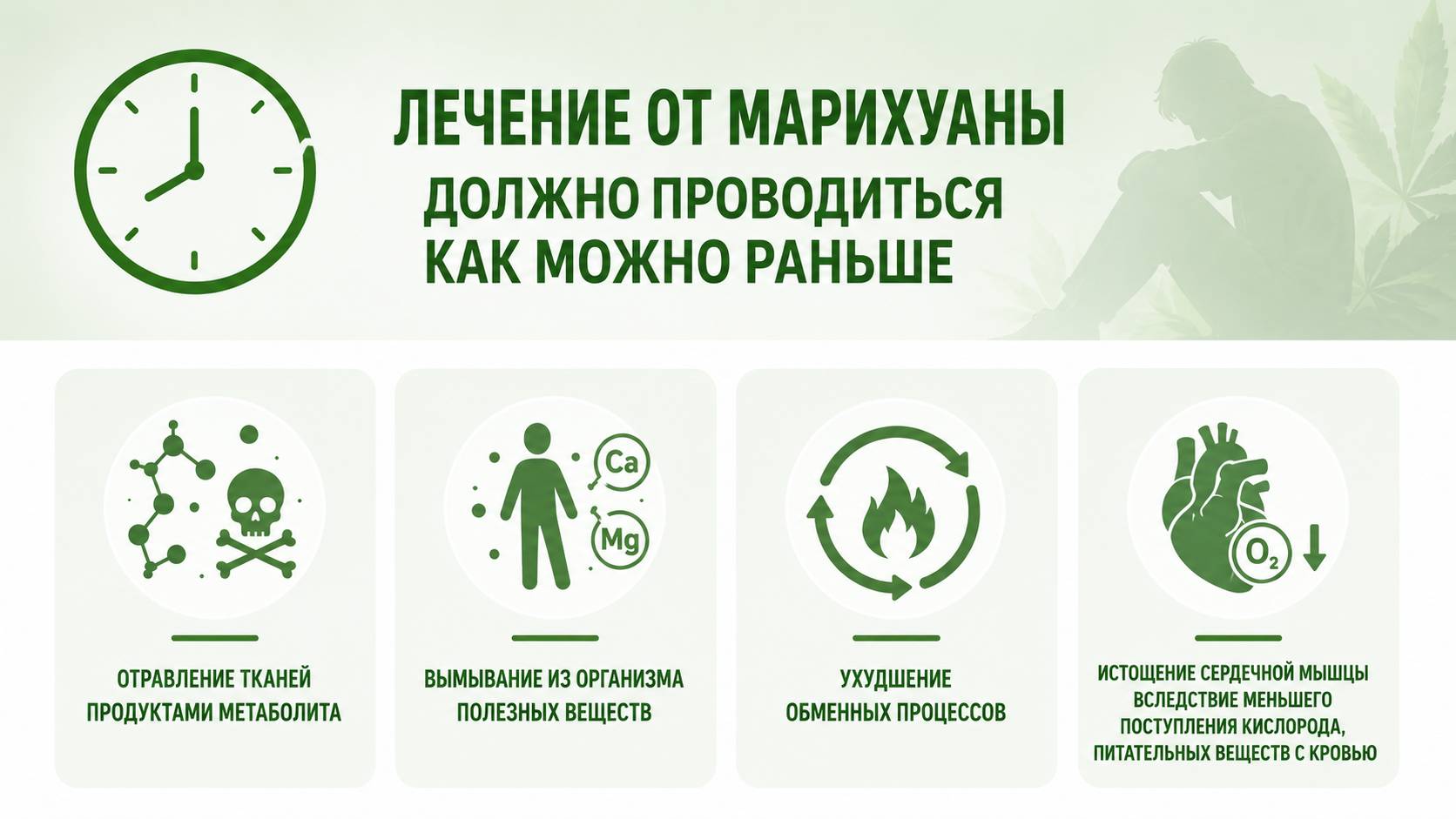 Инфографика о необходимости раннего лечения зависимости от марихуаны. Показаны возможные последствия: отравление тканей продуктами метаболита, вымывание полезных веществ, ухудшение обменных процессов и истощение сердечной мышцы.